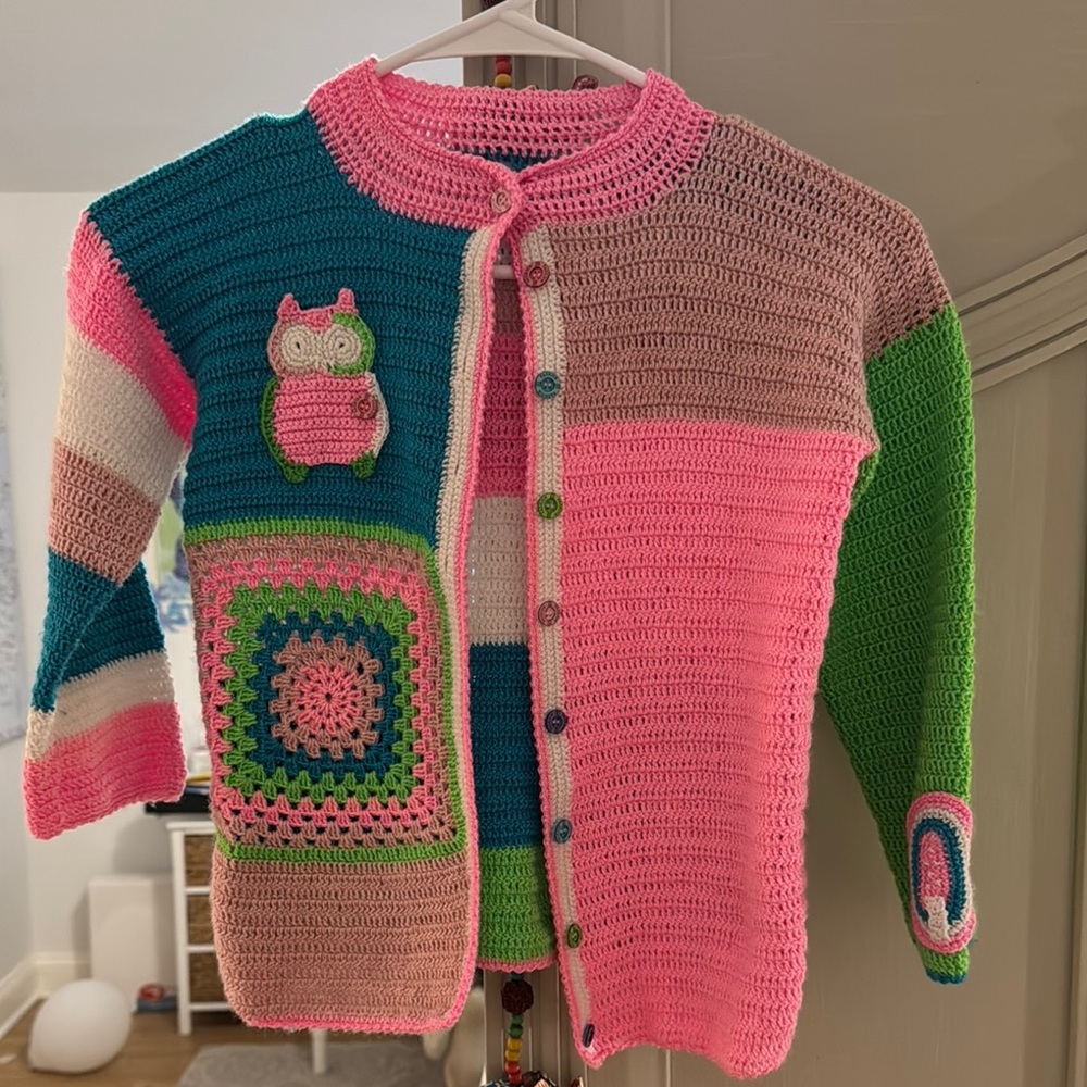 Colorful Crochet Cardigan with Owl Patch